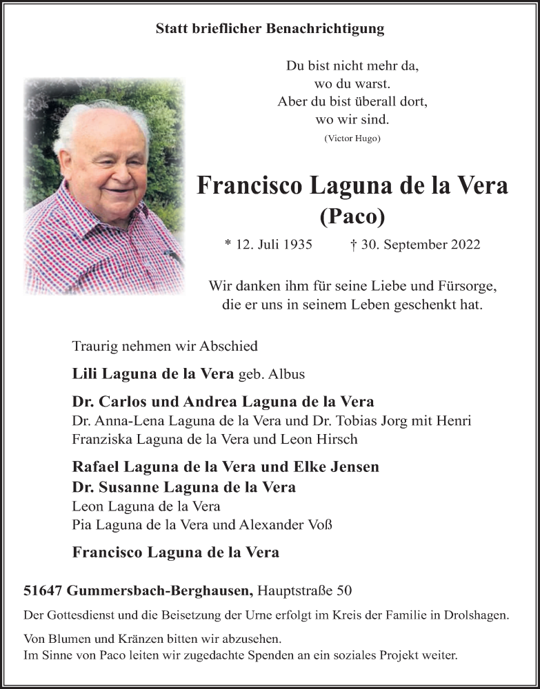  Traueranzeige für Francisco Laguna de la Vera vom 08.10.2022 aus Kölner Stadt-Anzeiger / Kölnische Rundschau / Express