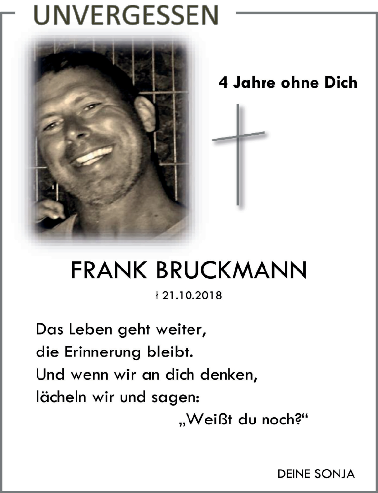  Traueranzeige für Frank Bruckmann vom 21.10.2022 aus  Extra Blatt 