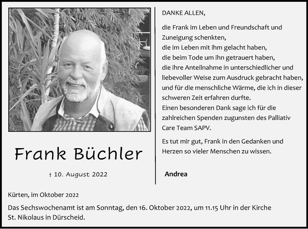  Traueranzeige für Frank Büchler vom 08.10.2022 aus Kölner Stadt-Anzeiger / Kölnische Rundschau / Express