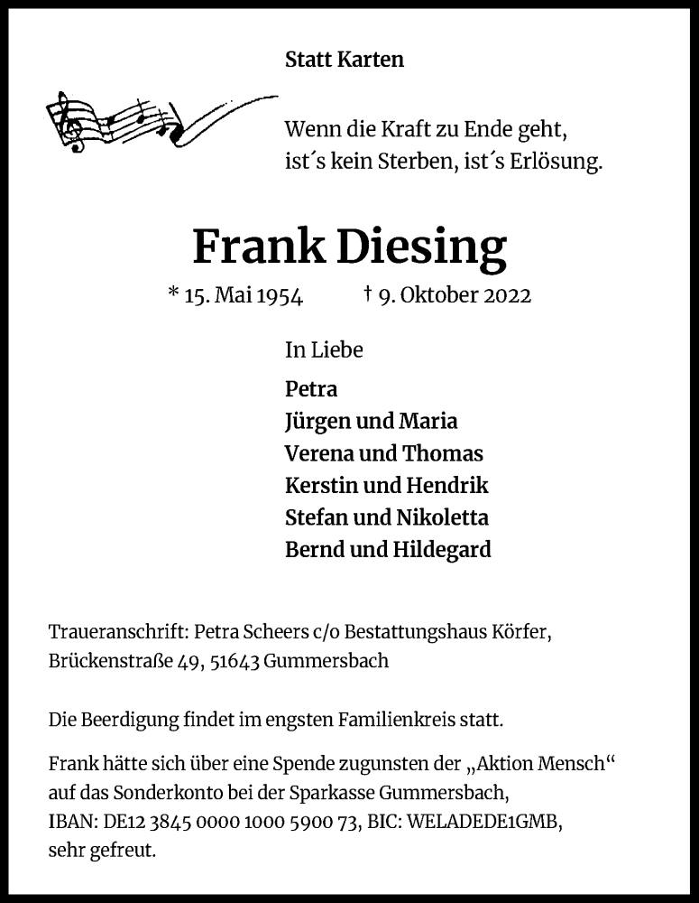  Traueranzeige für Frank Diesing vom 15.10.2022 aus Kölner Stadt-Anzeiger / Kölnische Rundschau / Express