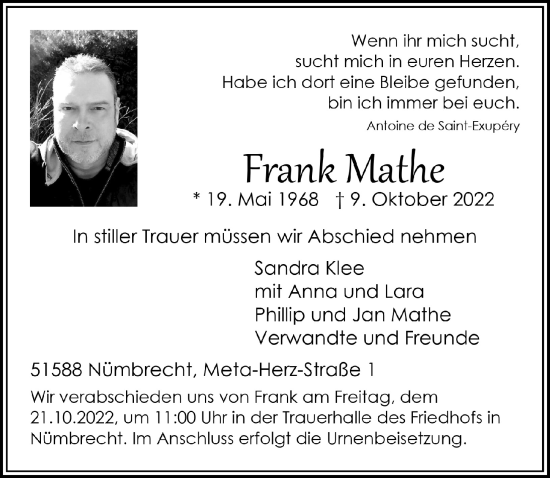 Anzeige von Frank Mathe von  Lokalanzeiger 
