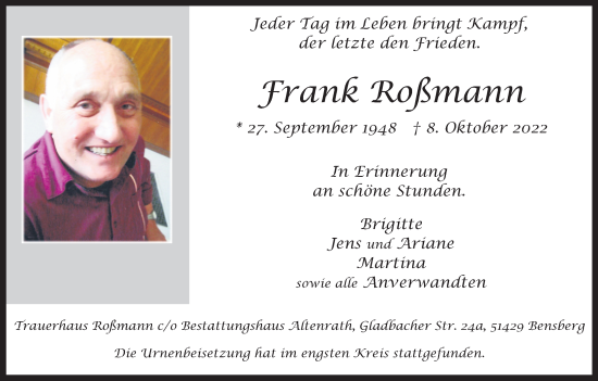 Anzeige von Frank Roßmann von Kölner Stadt-Anzeiger / Kölnische Rundschau / Express