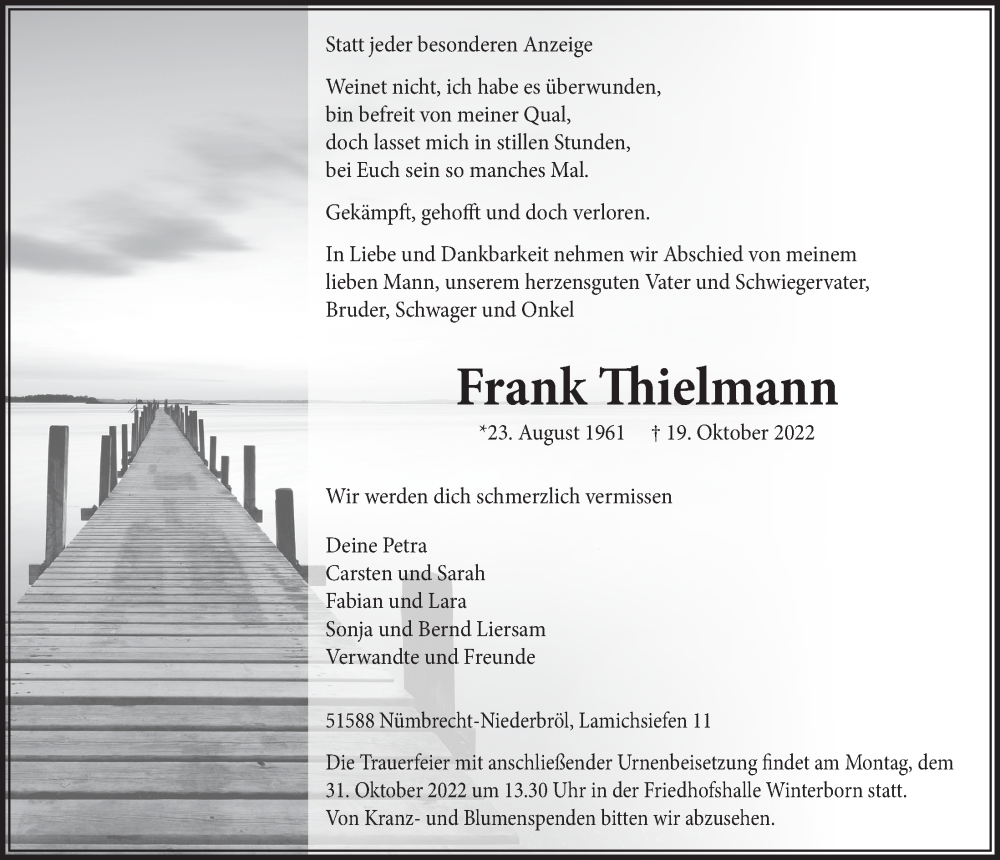  Traueranzeige für Frank Thielmann vom 28.10.2022 aus  Lokalanzeiger 