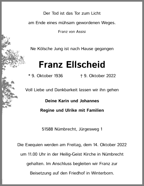 Anzeige von Franz Ellscheid von Kölner Stadt-Anzeiger / Kölnische Rundschau / Express