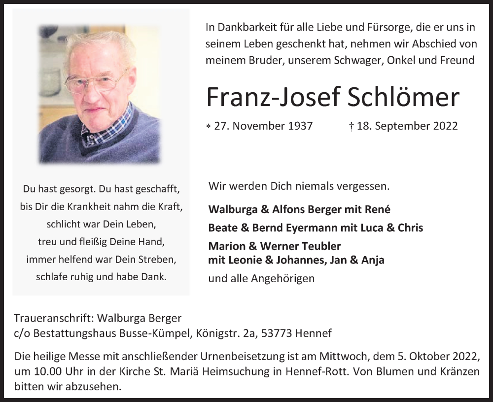  Traueranzeige für Franz-Josef Schlömer vom 01.10.2022 aus Kölner Stadt-Anzeiger / Kölnische Rundschau / Express