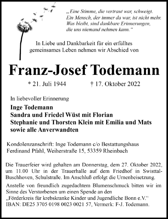 Anzeige von Franz-Josef Todemann von  Schaufenster/Blickpunkt 