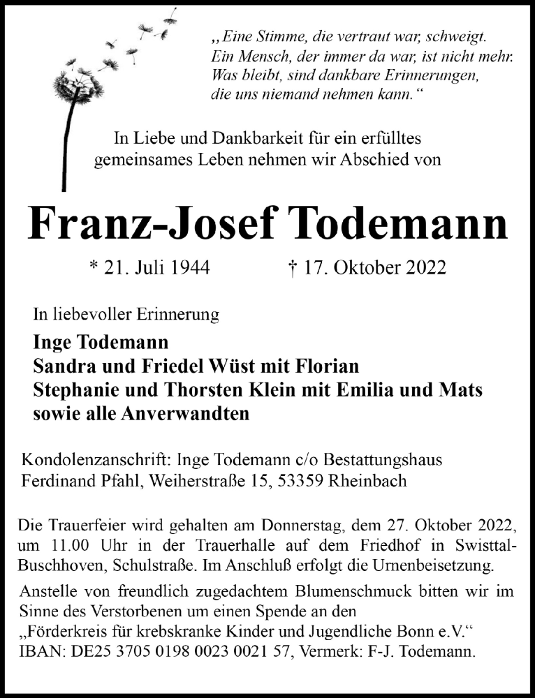  Traueranzeige für Franz-Josef Todemann vom 21.10.2022 aus  Schaufenster/Blickpunkt 