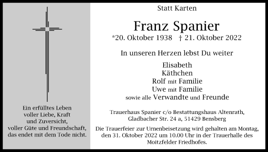 Anzeige von Franz Spanier von Kölner Stadt-Anzeiger / Kölnische Rundschau / Express