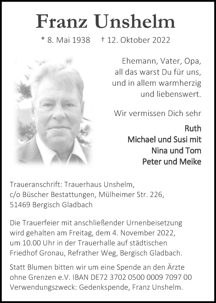  Traueranzeige für Franz Unshelm vom 29.10.2022 aus Kölner Stadt-Anzeiger / Kölnische Rundschau / Express