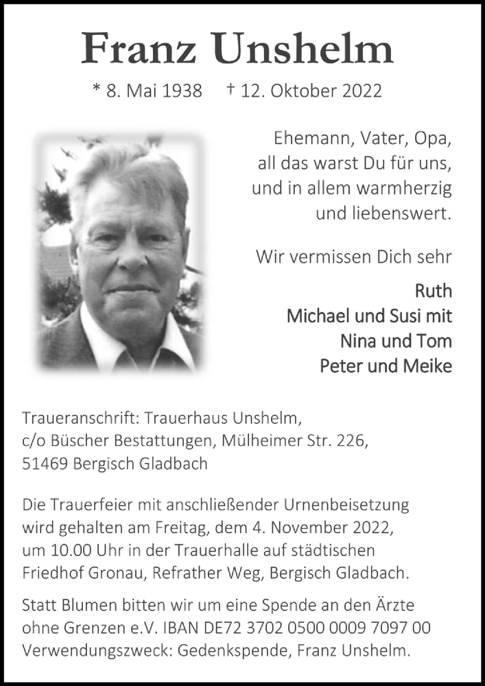  Traueranzeige für Franz Unshelm vom 28.10.2022 aus  Bergisches Handelsblatt 