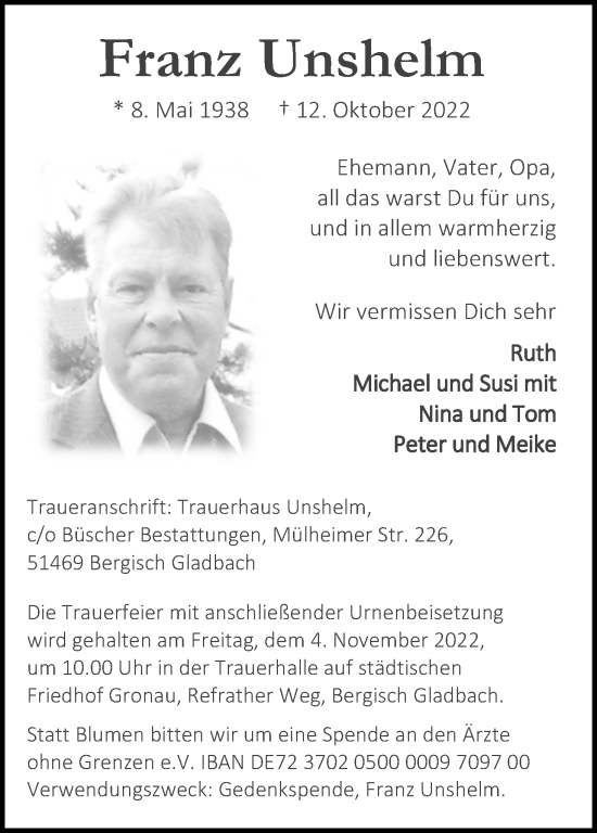 Anzeige von Franz Unshelm von Kölner Stadt-Anzeiger / Kölnische Rundschau / Express