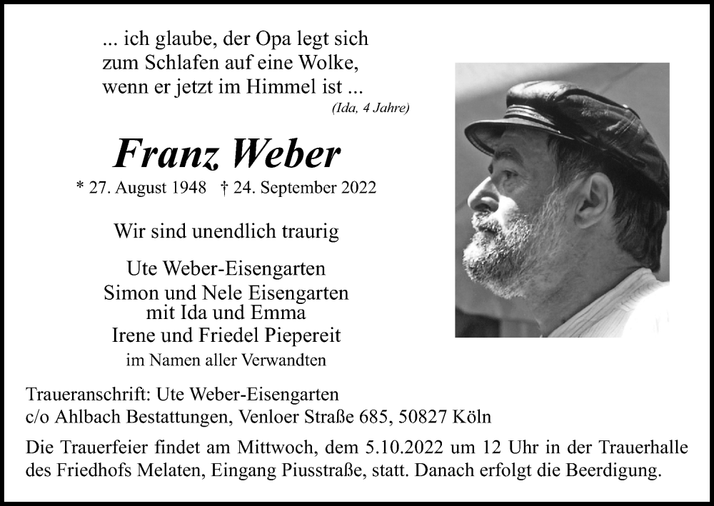  Traueranzeige für Franz Weber vom 01.10.2022 aus Kölner Stadt-Anzeiger / Kölnische Rundschau / Express
