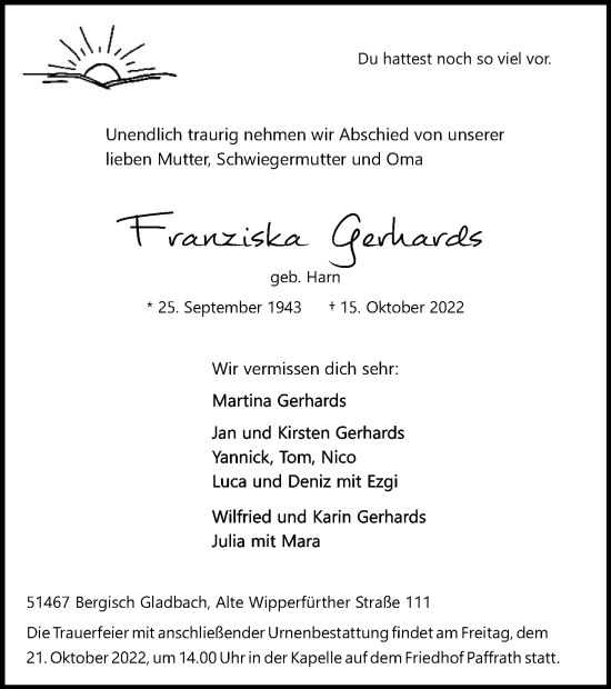 Anzeige von Franziska Gerhards von Kölner Stadt-Anzeiger / Kölnische Rundschau / Express