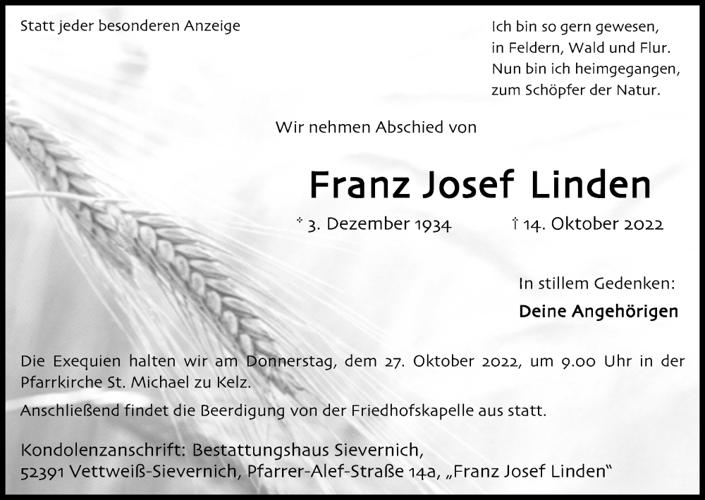  Traueranzeige für Franz Josef Linden vom 22.10.2022 aus Kölner Stadt-Anzeiger / Kölnische Rundschau / Express