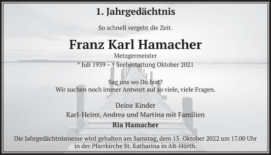 Anzeige von Franz Karl Hamacher von  Wochenende 
