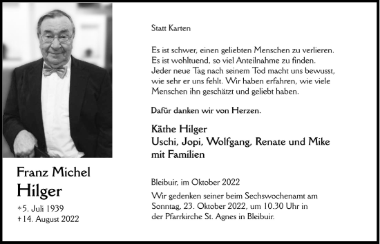Anzeige von Franz Michel Hilger von  Blickpunkt Euskirchen 