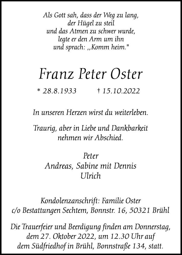  Traueranzeige für Franz Peter Oster vom 21.10.2022 aus Kölner Stadt-Anzeiger / Kölnische Rundschau / Express
