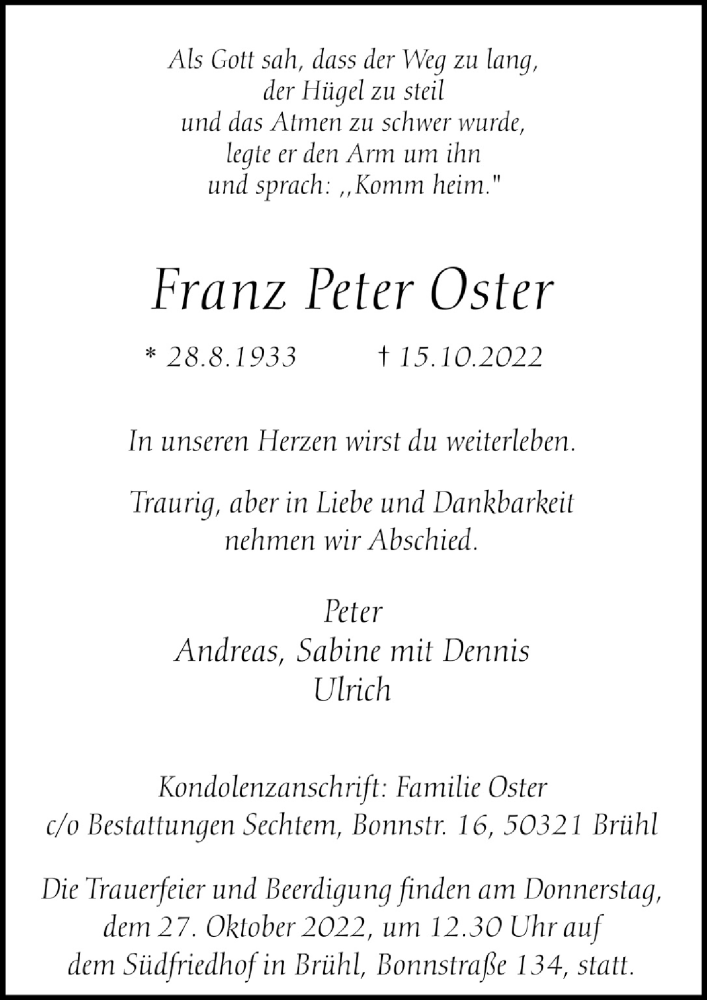  Traueranzeige für Franz Peter Oster vom 21.10.2022 aus  Schlossbote/Werbekurier 