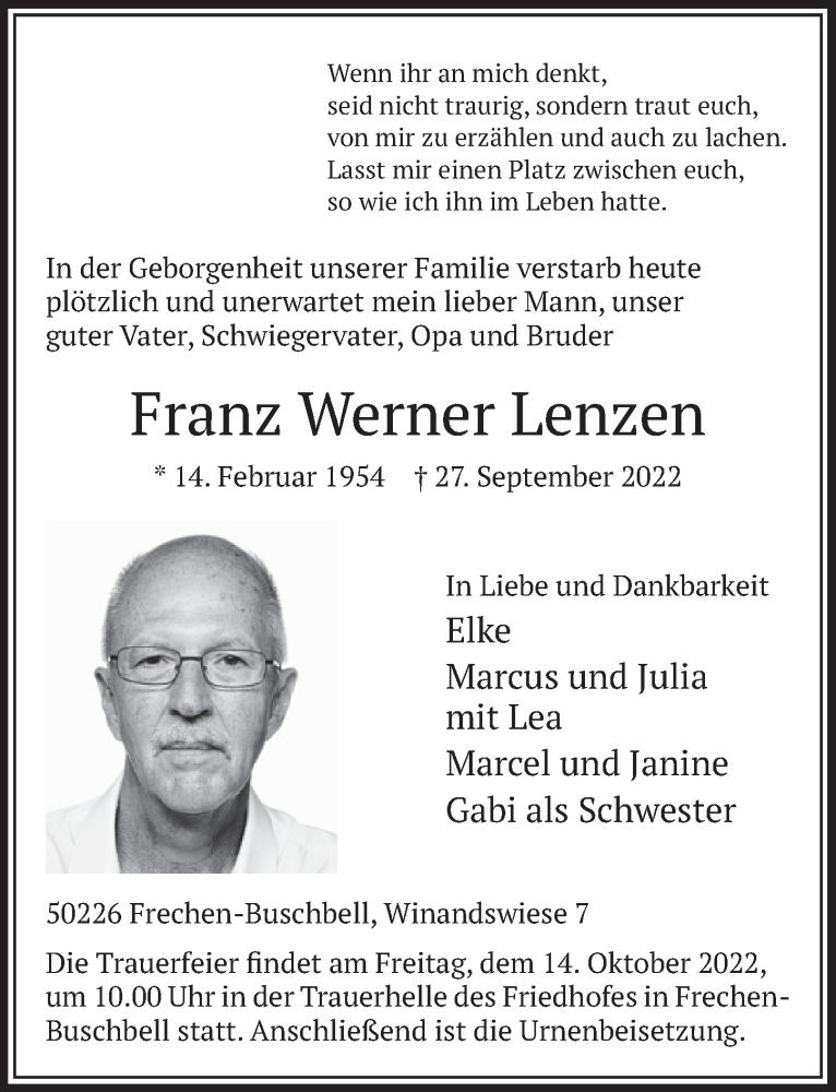  Traueranzeige für Franz Werner Lenzen vom 07.10.2022 aus  Wochenende 