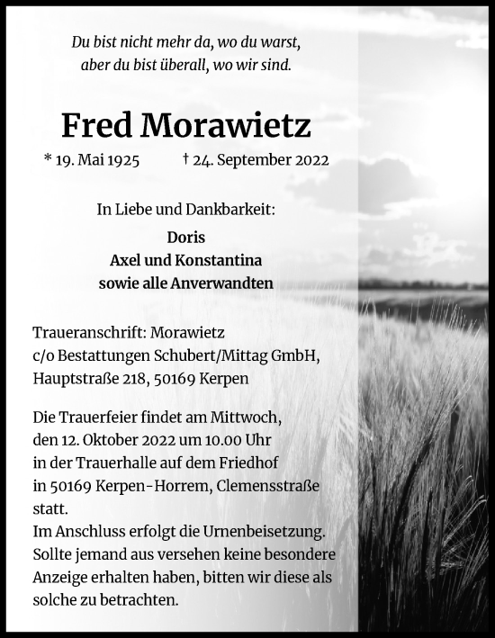 Anzeige von Fred Morawietz von Kölner Stadt-Anzeiger / Kölnische Rundschau / Express