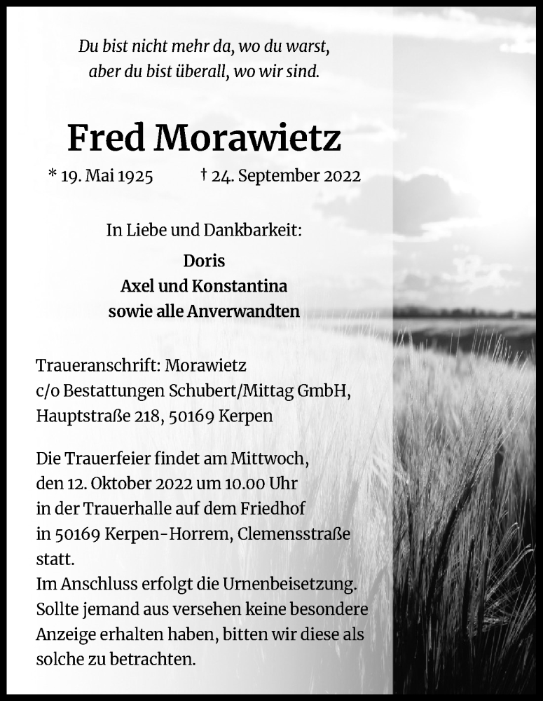  Traueranzeige für Fred Morawietz vom 08.10.2022 aus Kölner Stadt-Anzeiger / Kölnische Rundschau / Express