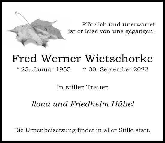 Anzeige von Fred Werner Wietschorke von  Lokale Informationen 