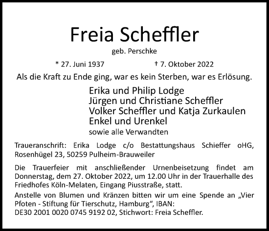 Anzeige von Freia Scheffler von Kölner Stadt-Anzeiger / Kölnische Rundschau / Express