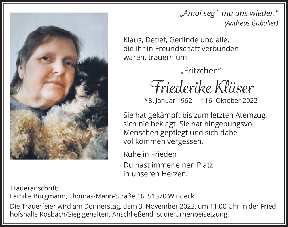  Traueranzeige für Friederike Klüser vom 28.10.2022 aus  Lokalanzeiger 