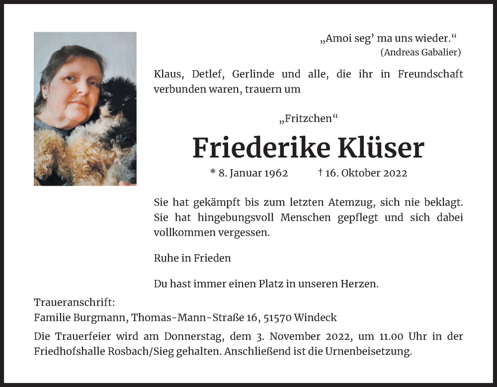  Traueranzeige für Friederike Klüser vom 28.10.2022 aus Kölner Stadt-Anzeiger / Kölnische Rundschau / Express