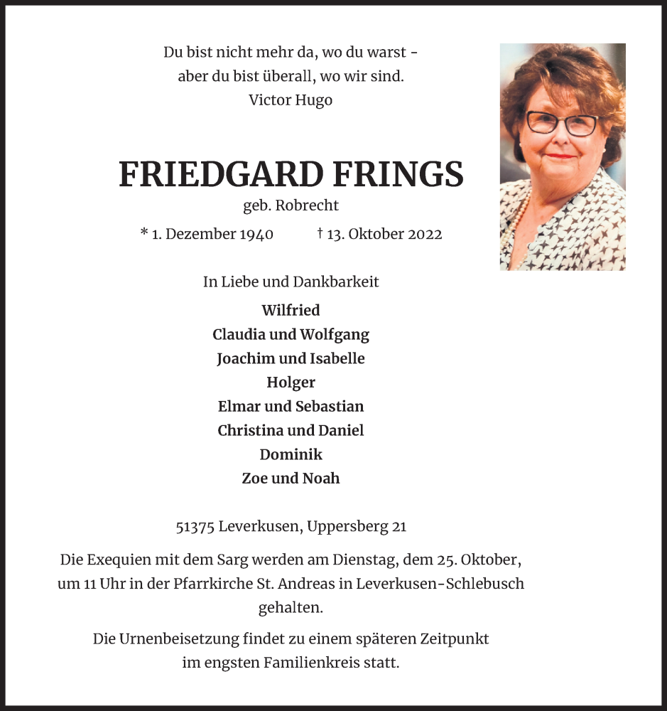  Traueranzeige für Friedgard Frings vom 22.10.2022 aus Kölner Stadt-Anzeiger / Kölnische Rundschau / Express