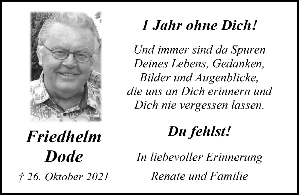  Traueranzeige für Friedhelm Dode vom 28.10.2022 aus  Anzeigen Echo 