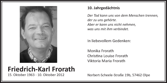 Anzeige von Friedrich-Karl Frorath von  Wochenende 