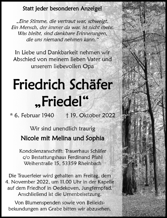 Anzeige von Friedrich Schäfer von  Schaufenster/Blickpunkt 