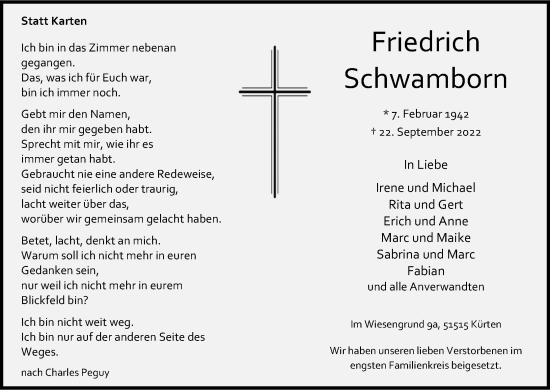 Anzeige von Friedrich Schwamborn von Kölner Stadt-Anzeiger / Kölnische Rundschau / Express