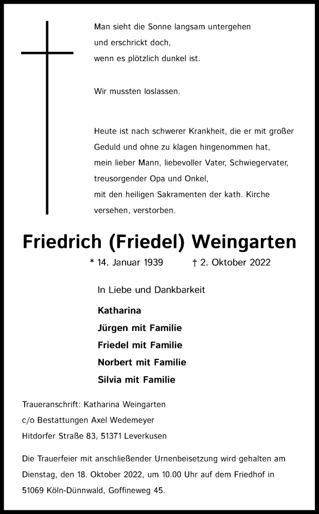  Traueranzeige für Friedrich  Weingarten vom 15.10.2022 aus Kölner Stadt-Anzeiger / Kölnische Rundschau / Express