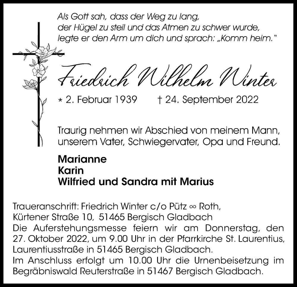  Traueranzeige für Friedrich Wilhelm Winter vom 22.10.2022 aus Kölner Stadt-Anzeiger / Kölnische Rundschau / Express