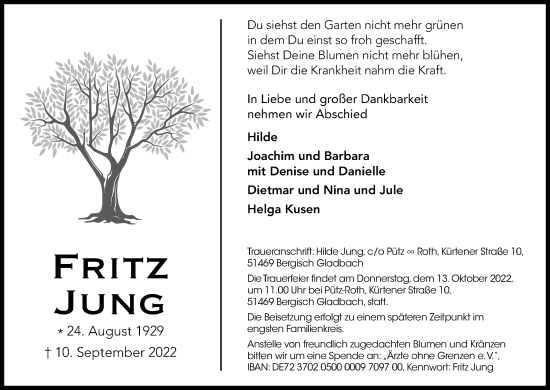 Anzeige von Fritz Jung von Kölner Stadt-Anzeiger / Kölnische Rundschau / Express
