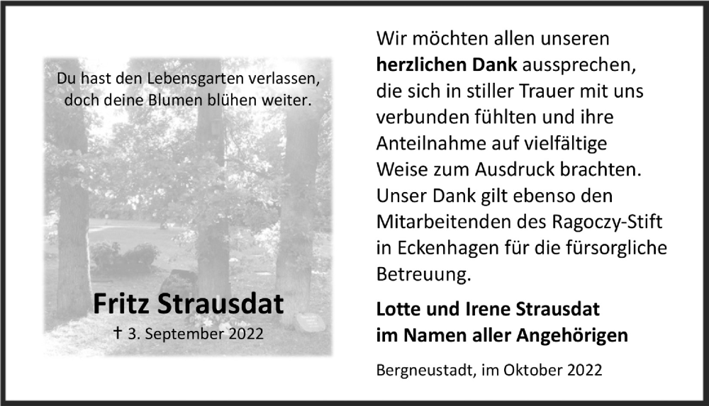  Traueranzeige für Fritz Strausdat vom 14.10.2022 aus  Anzeigen Echo 