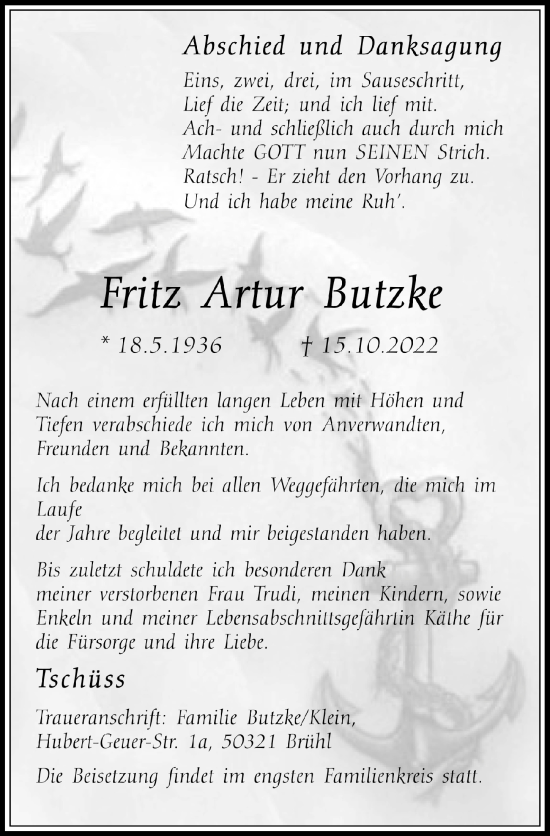 Anzeige von Fritz Artur Butzke von  Werbepost 