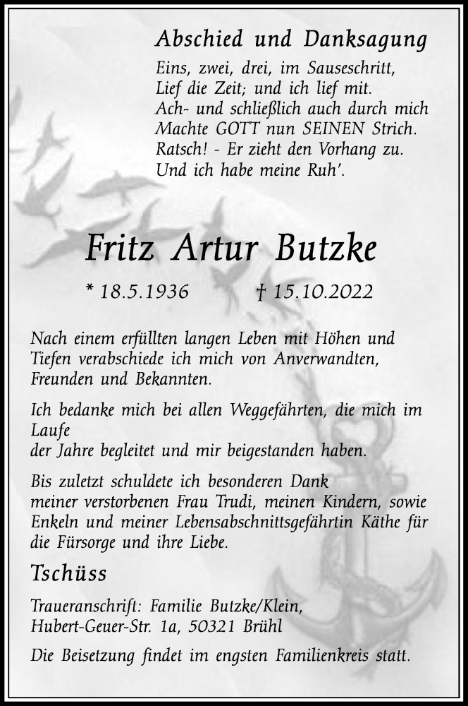  Traueranzeige für Fritz Artur Butzke vom 22.10.2022 aus Kölner Stadt-Anzeiger / Kölnische Rundschau / Express