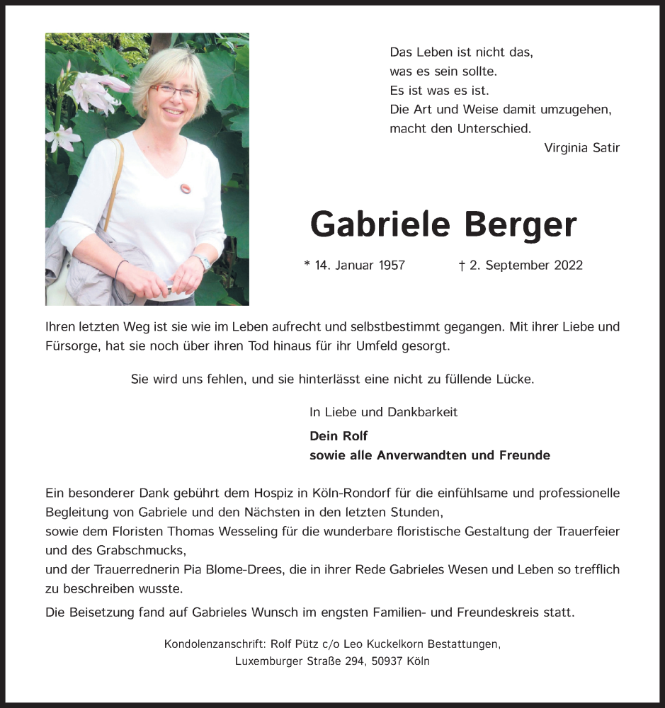  Traueranzeige für Gabriele Berger vom 15.10.2022 aus Kölner Stadt-Anzeiger / Kölnische Rundschau / Express