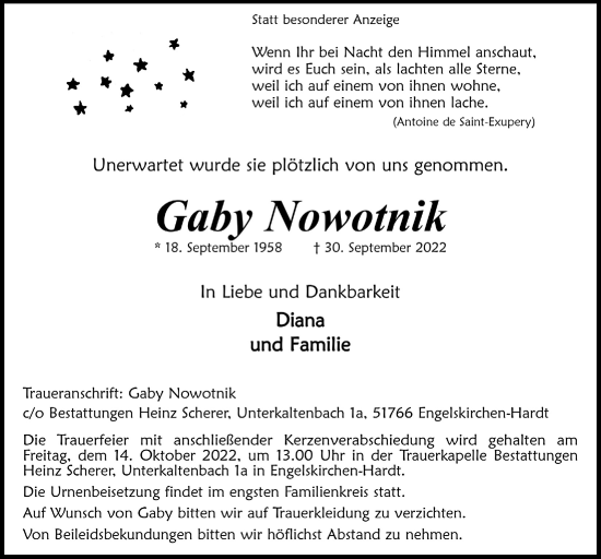 Anzeige von Gaby Nowotnik von  Anzeigen Echo 