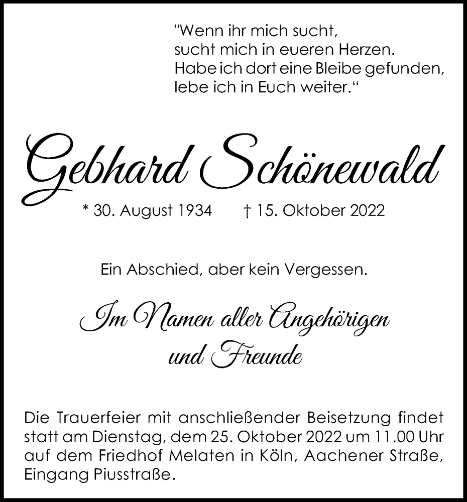 Traueranzeige für Gebhard Schönewald vom 22.10.2022 aus Kölner Stadt-Anzeiger / Kölnische Rundschau / Express