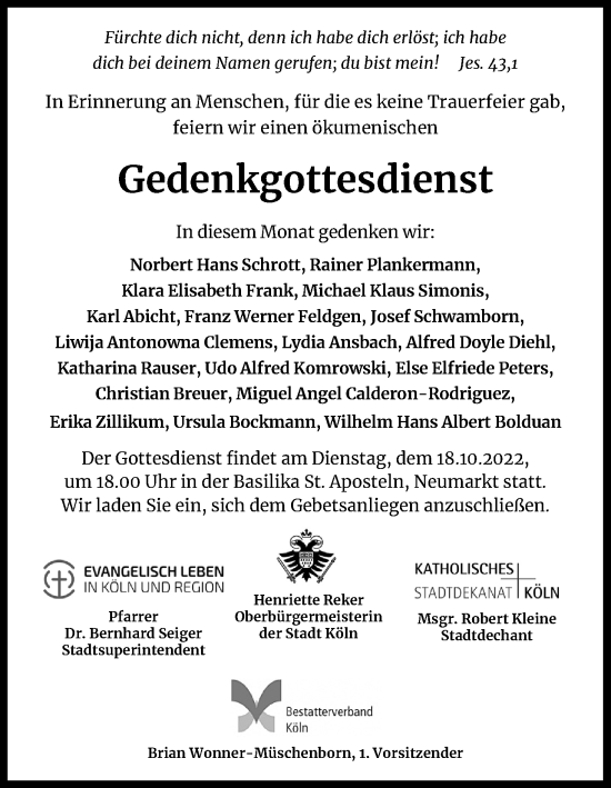 Anzeige von Gedenkgottesdienst  von Kölner Stadt-Anzeiger / Kölnische Rundschau / Express