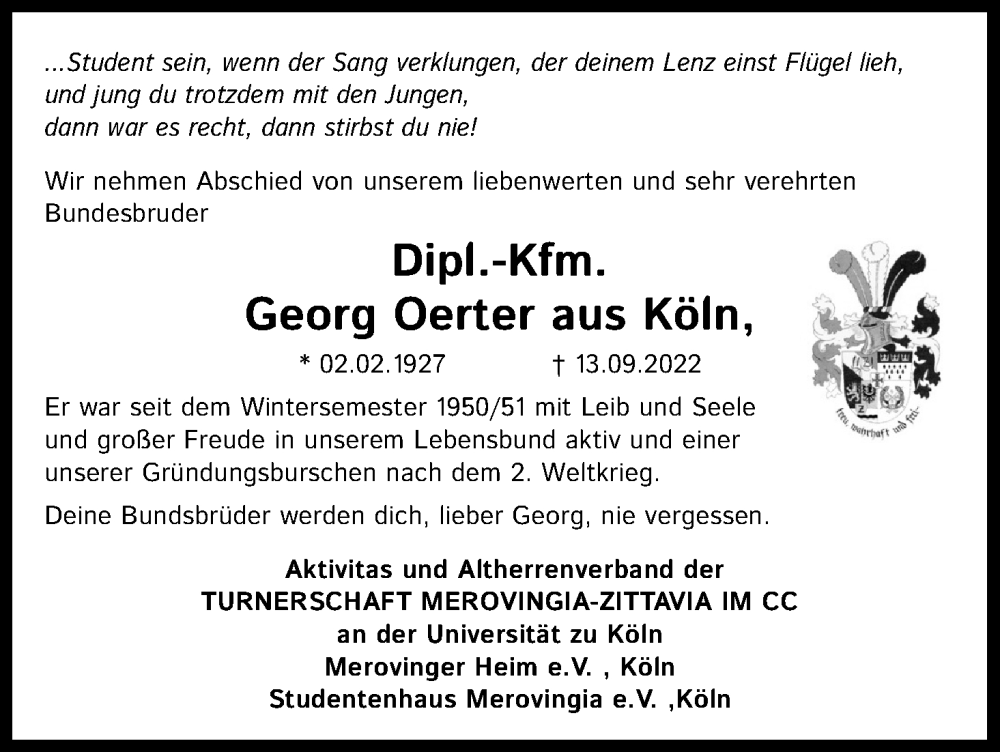  Traueranzeige für Georg Oerter vom 01.10.2022 aus Kölner Stadt-Anzeiger / Kölnische Rundschau / Express