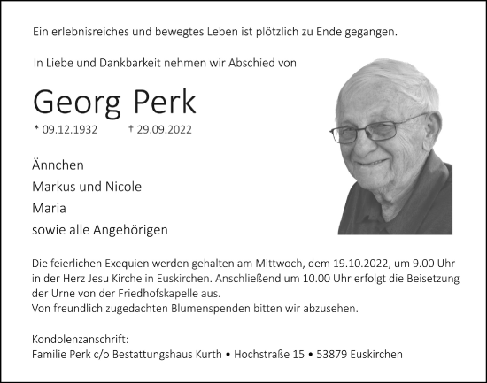 Anzeige von Georg Perk von  Blickpunkt Euskirchen 