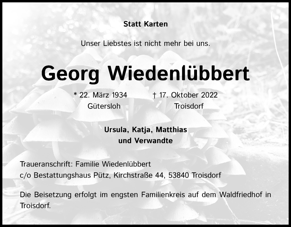 Traueranzeige für Georg Wiedenlübbert vom 22.10.2022 aus Kölner Stadt-Anzeiger / Kölnische Rundschau / Express