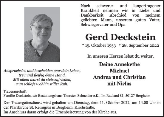 Anzeige von Gerd Deckstein von  Werbepost 