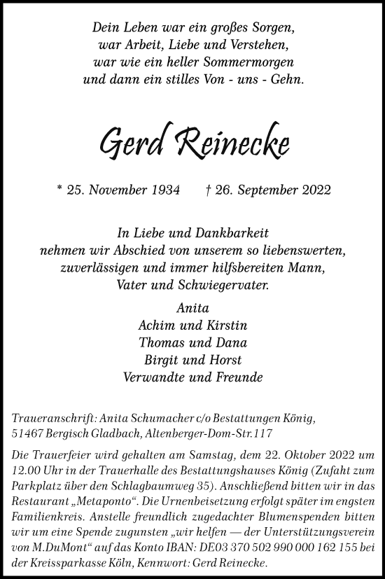 Anzeige von Gerd Reinecke von Kölner Stadt-Anzeiger / Kölnische Rundschau / Express