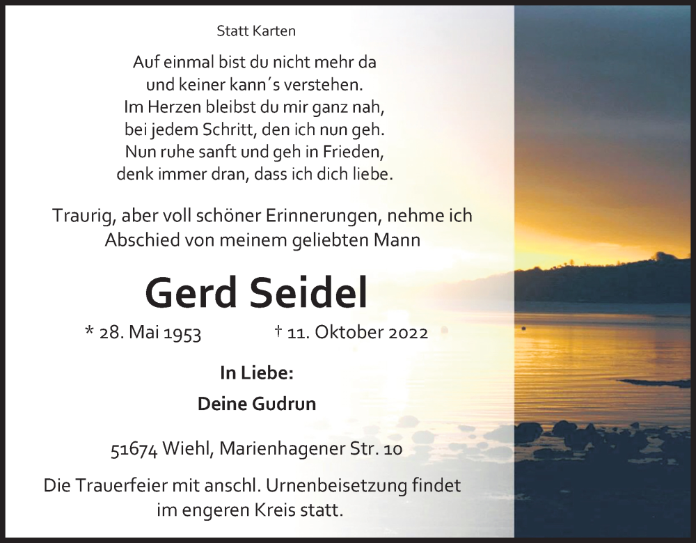  Traueranzeige für Gerd Seidel vom 15.10.2022 aus Kölner Stadt-Anzeiger / Kölnische Rundschau / Express